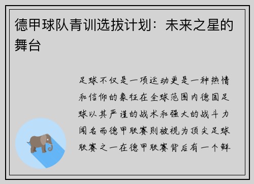 德甲球队青训选拔计划：未来之星的舞台